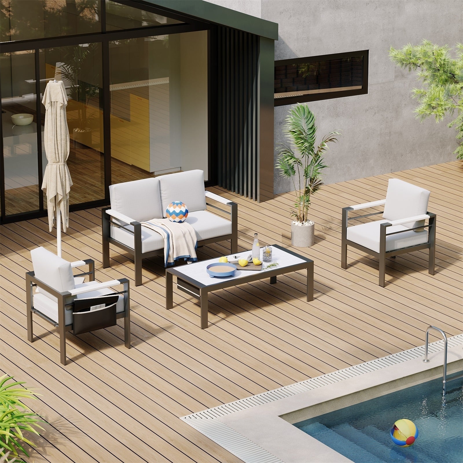 4-Piece 4 Person Aluminum Patio Conversation Set with Cushions LED Coffee Table and Loveseat