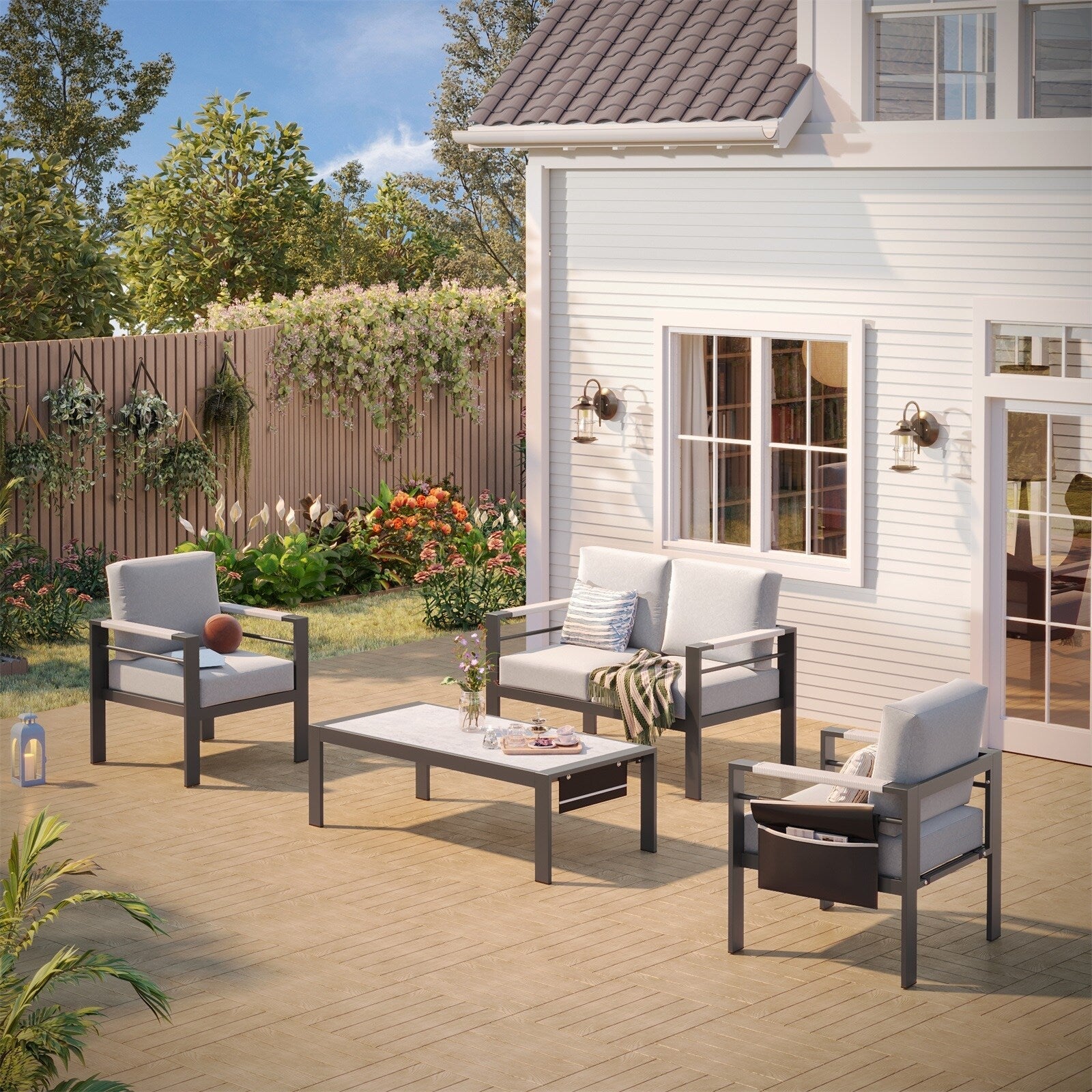 4-Piece 4 Person Aluminum Patio Conversation Set with Cushions LED Coffee Table and Loveseat