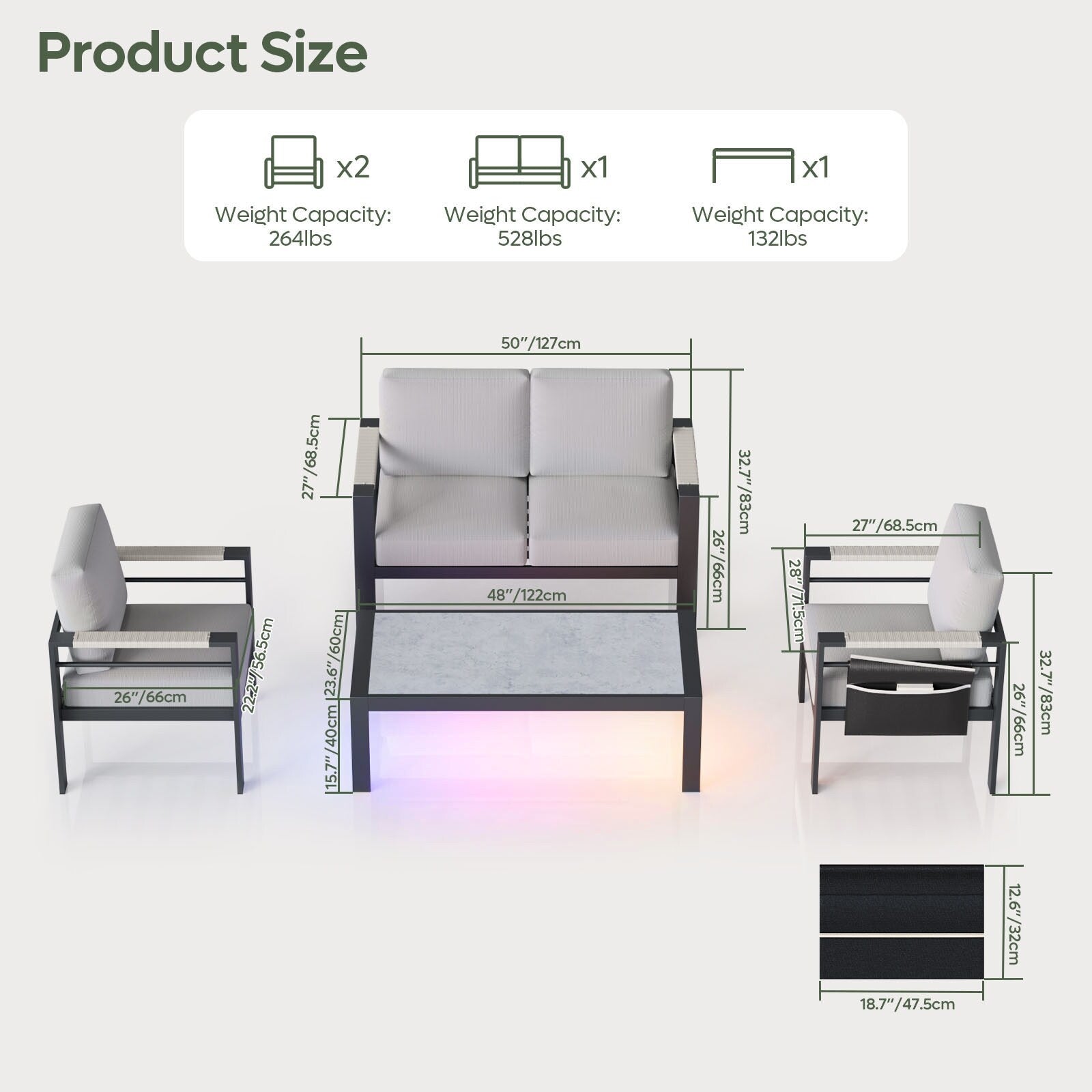 4-Piece 4 Person Aluminum Patio Conversation Set with Cushions LED Coffee Table and Loveseat