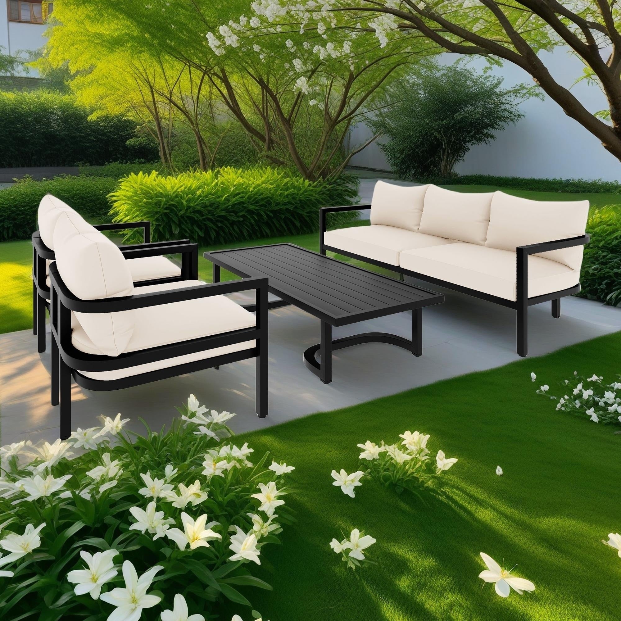 4-Piece Outdoor 5-Seater Steel Cnversation Sofa Set with Coffee Table, Waterproof, Anti-rust and Anti-UV