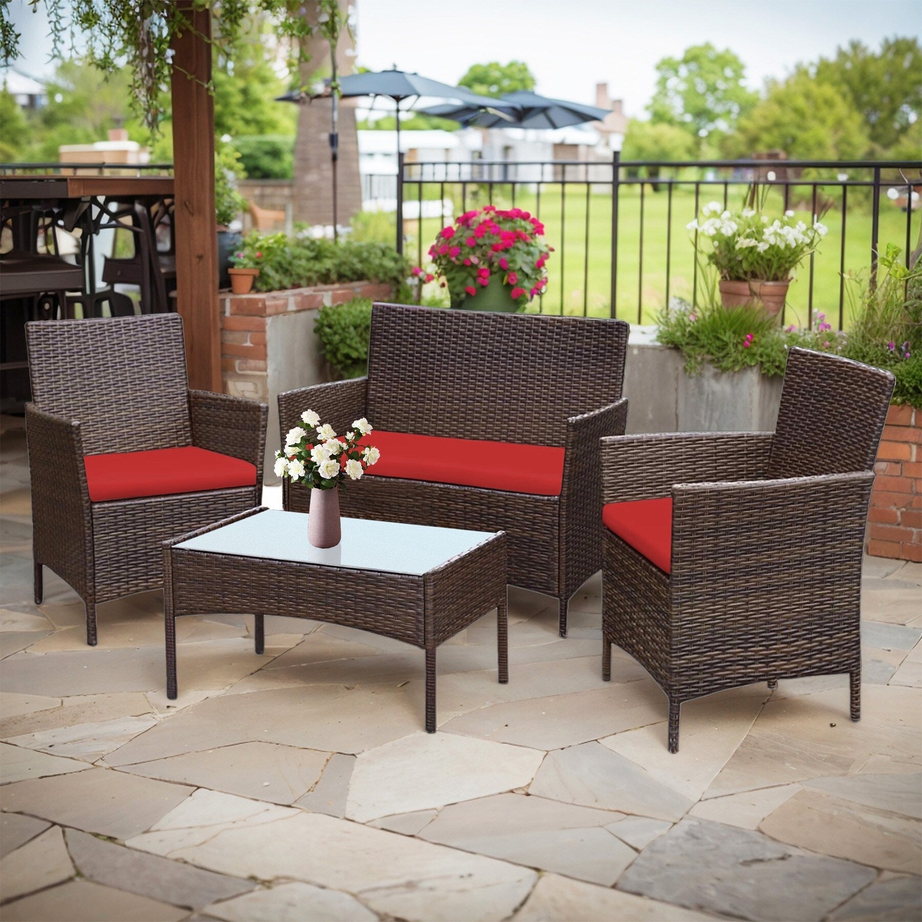 4 Piece Outdoor Patio Furniture Set With Cushions, Patio Wicker Conversation Set & Glass Coffee Table