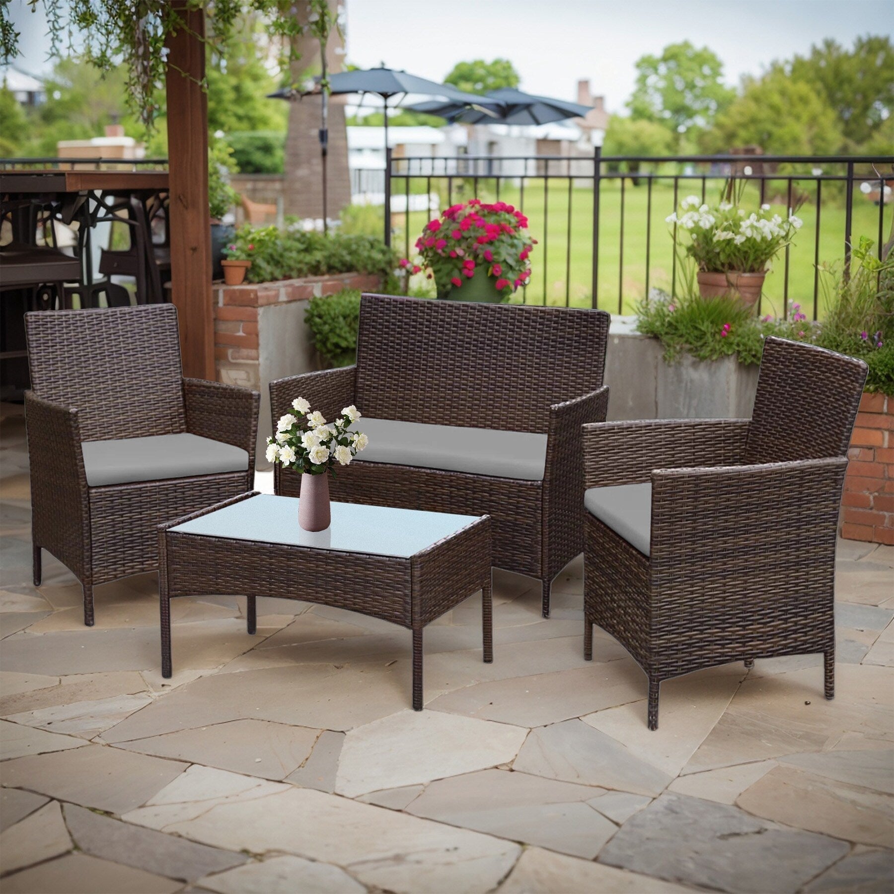 4 Piece Outdoor Patio Furniture Set With Cushions, Patio Wicker Conversation Set & Glass Coffee Table