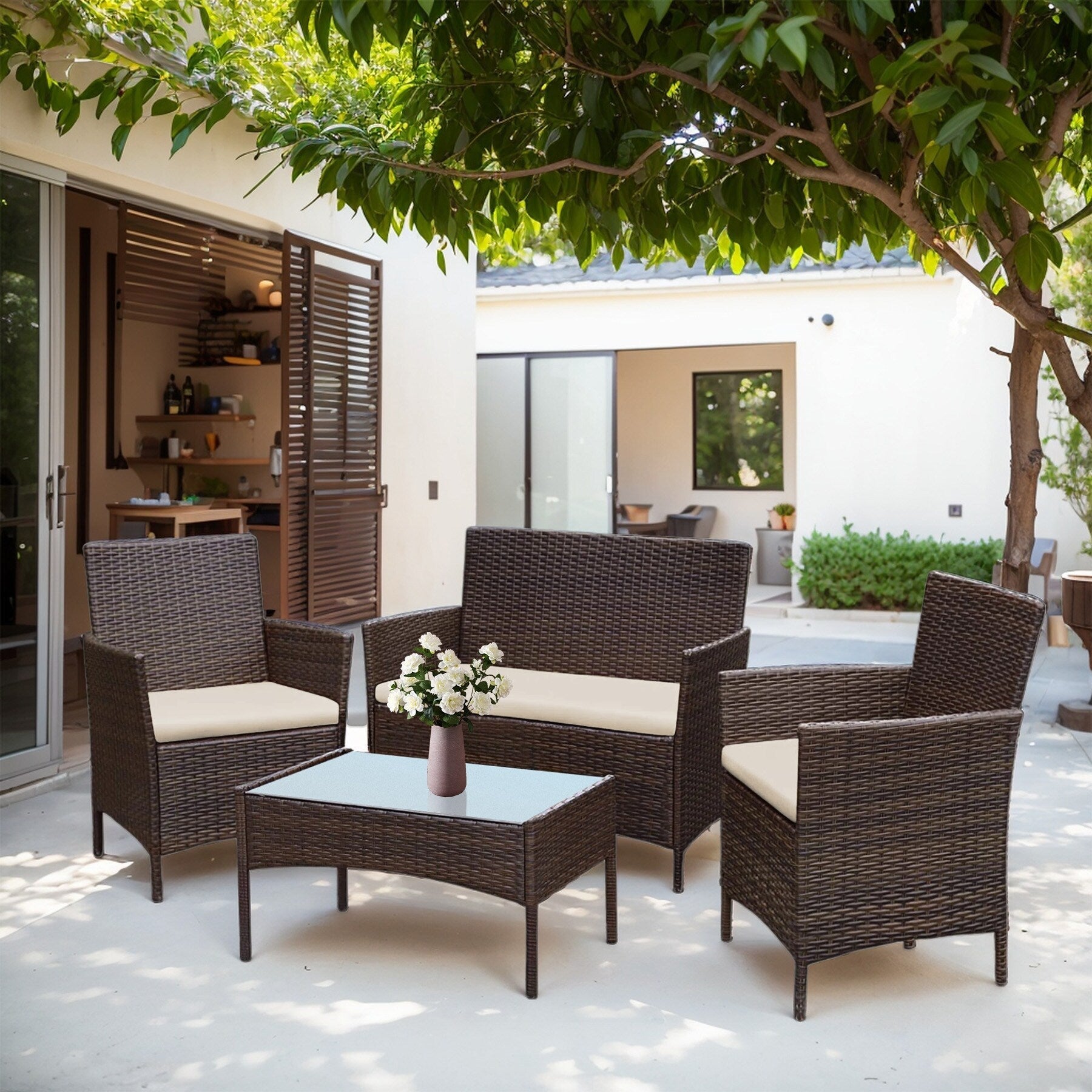 4 Piece Outdoor Patio Furniture Set With Cushions, Patio Wicker Conversation Set & Glass Coffee Table
