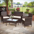 4 Piece Outdoor Patio Furniture Set With Cushions, Patio Wicker Conversation Set & Glass Coffee Table