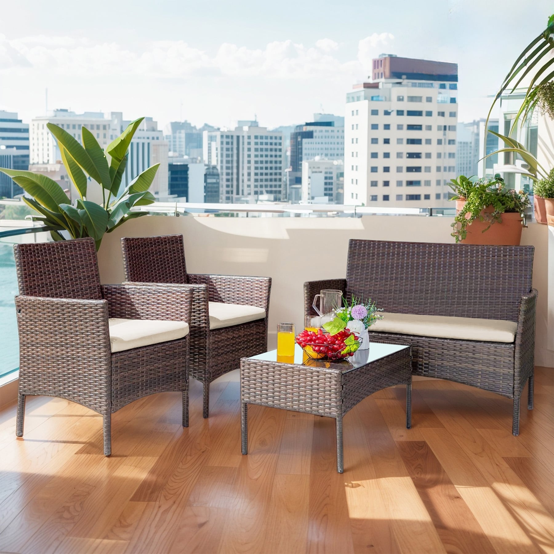 4 Piece Outdoor Patio Furniture Set With Cushions, Patio Wicker Conversation Set & Glass Coffee Table