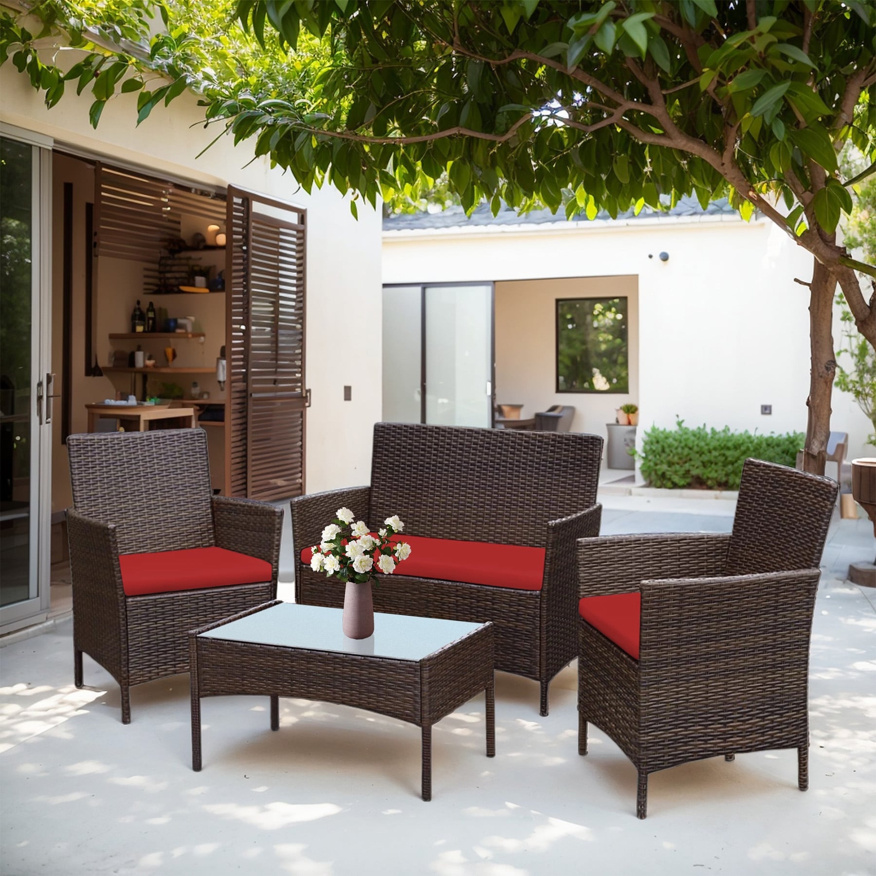 4 Piece Outdoor Patio Furniture Set With Cushions, Patio Wicker Conversation Set & Glass Coffee Table