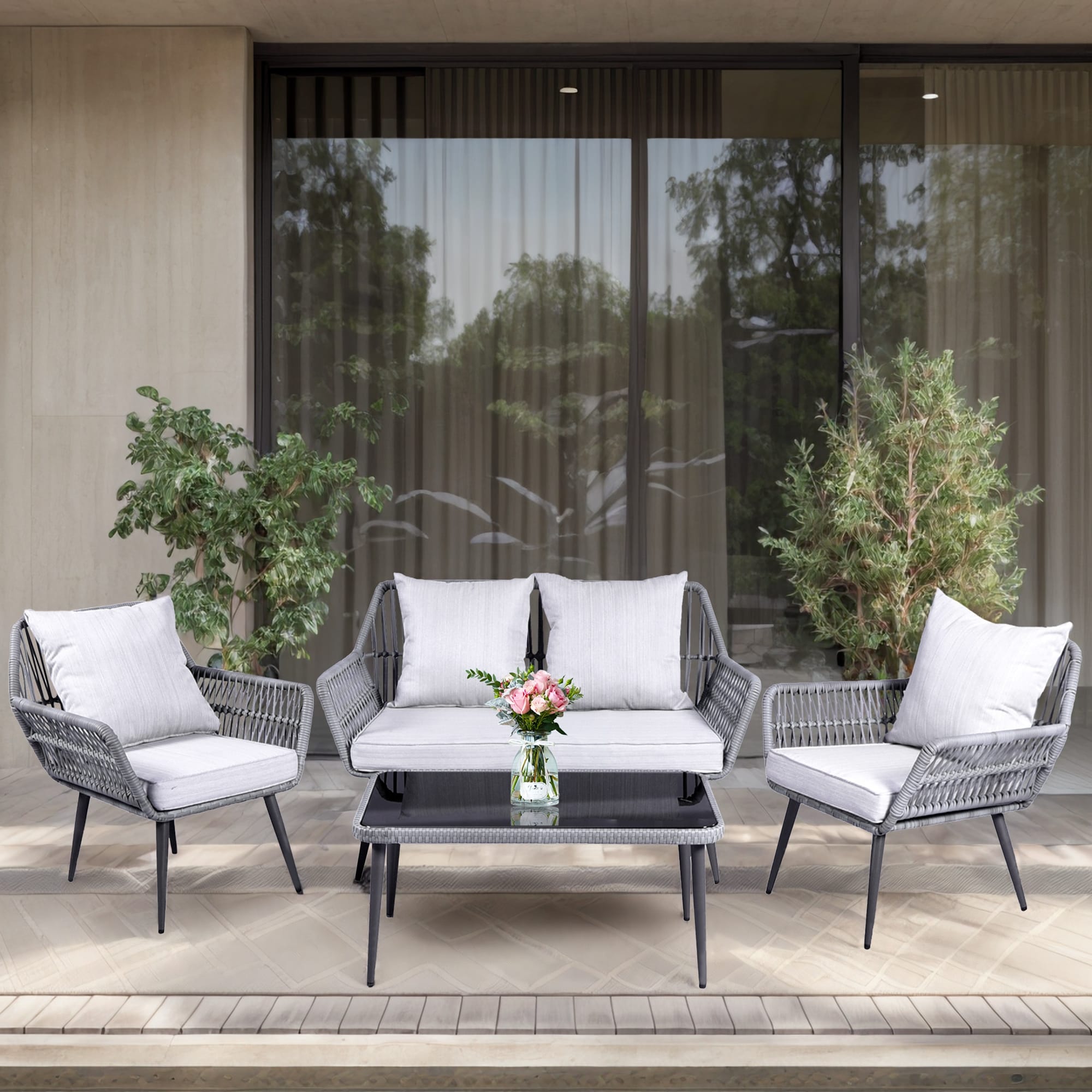 4 Piece Outdoor Patio Furniture Sets, Wicker Conversation Set for Porch Deck, Gray Rattan Sofa Chair with Cushion&Table