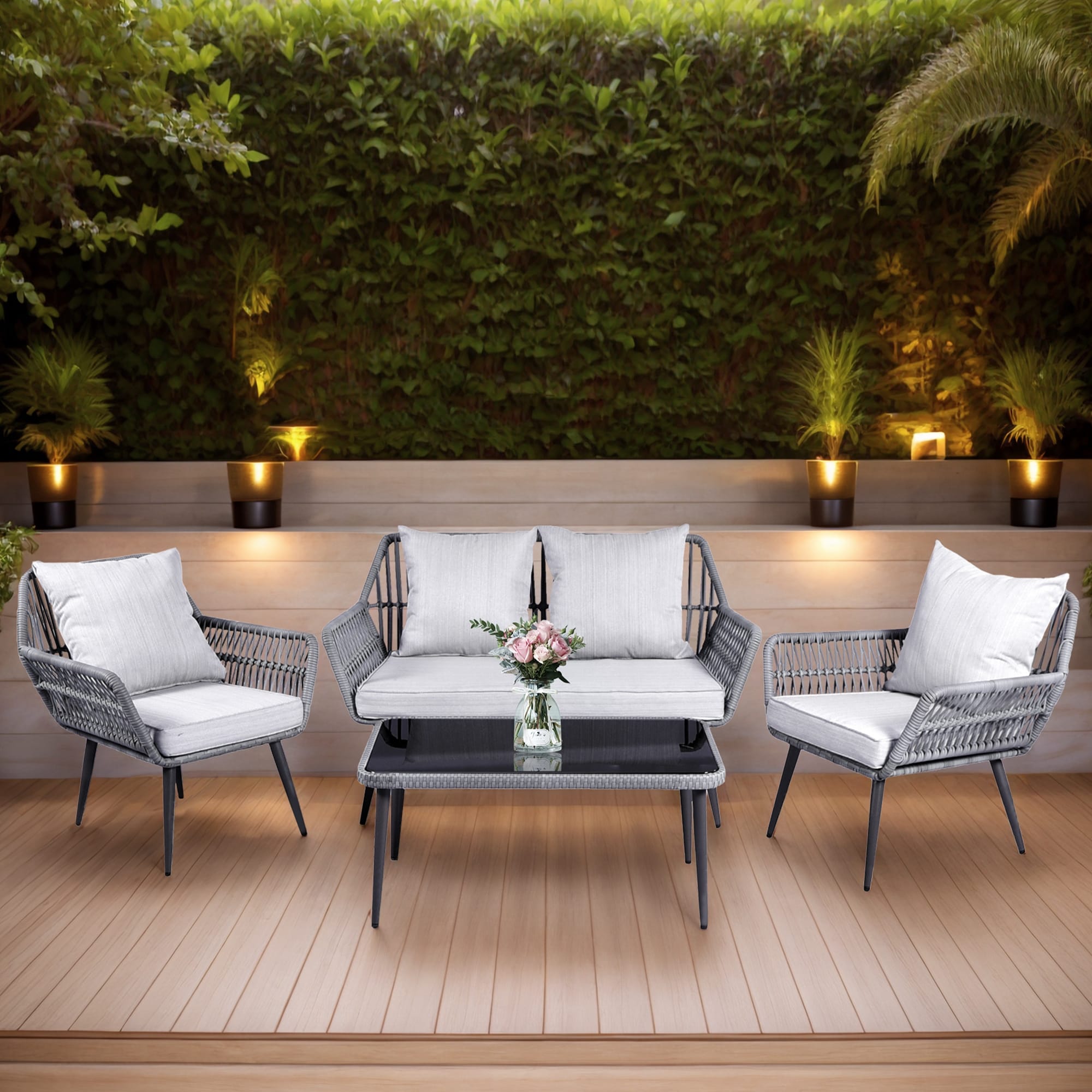 4 Piece Outdoor Patio Furniture Sets, Wicker Conversation Set for Porch Deck, Gray Rattan Sofa Chair with Cushion&Table