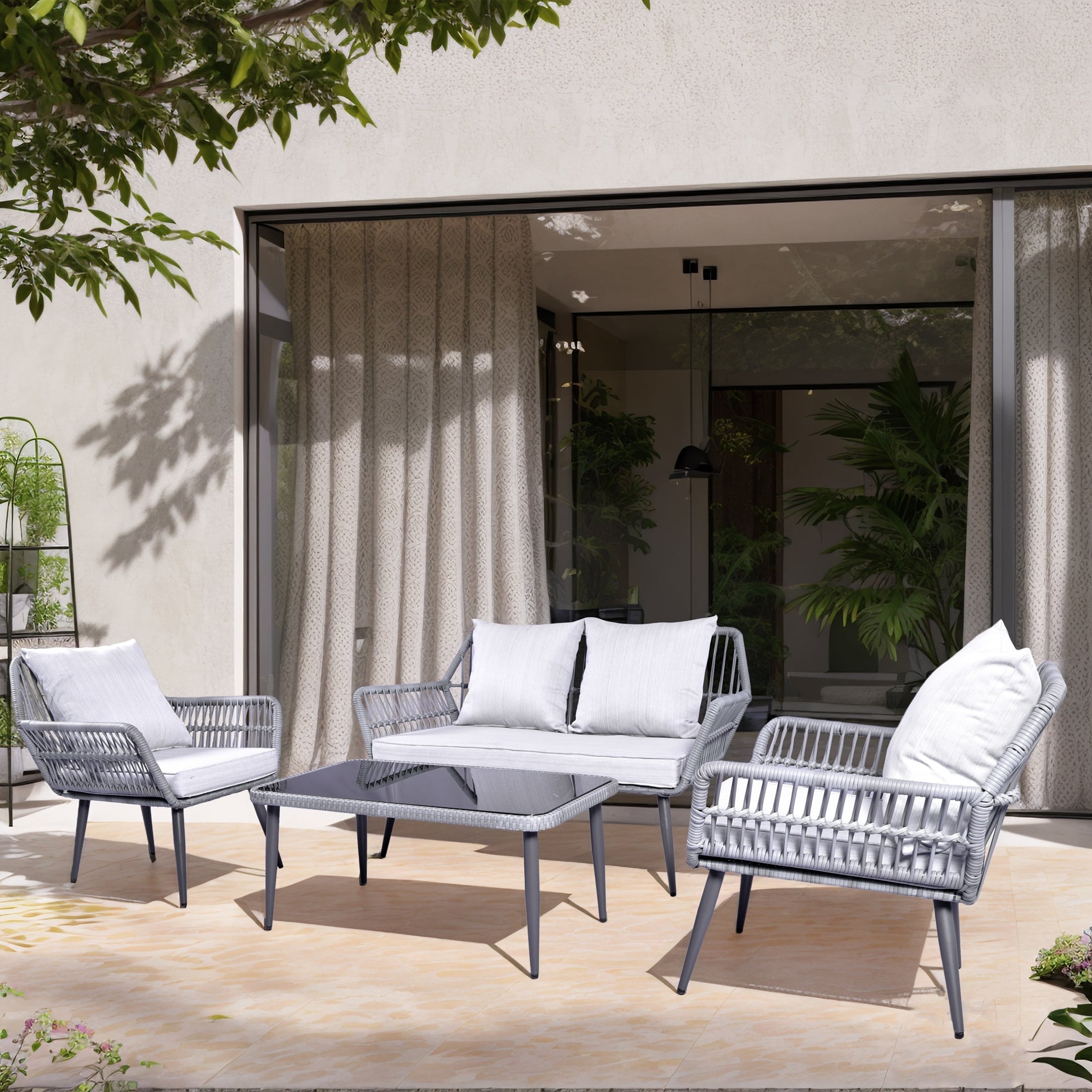 4 Piece Outdoor Patio Furniture Sets, Wicker Conversation Set for Porch Deck, Gray Rattan Sofa Chair with Cushion&Table