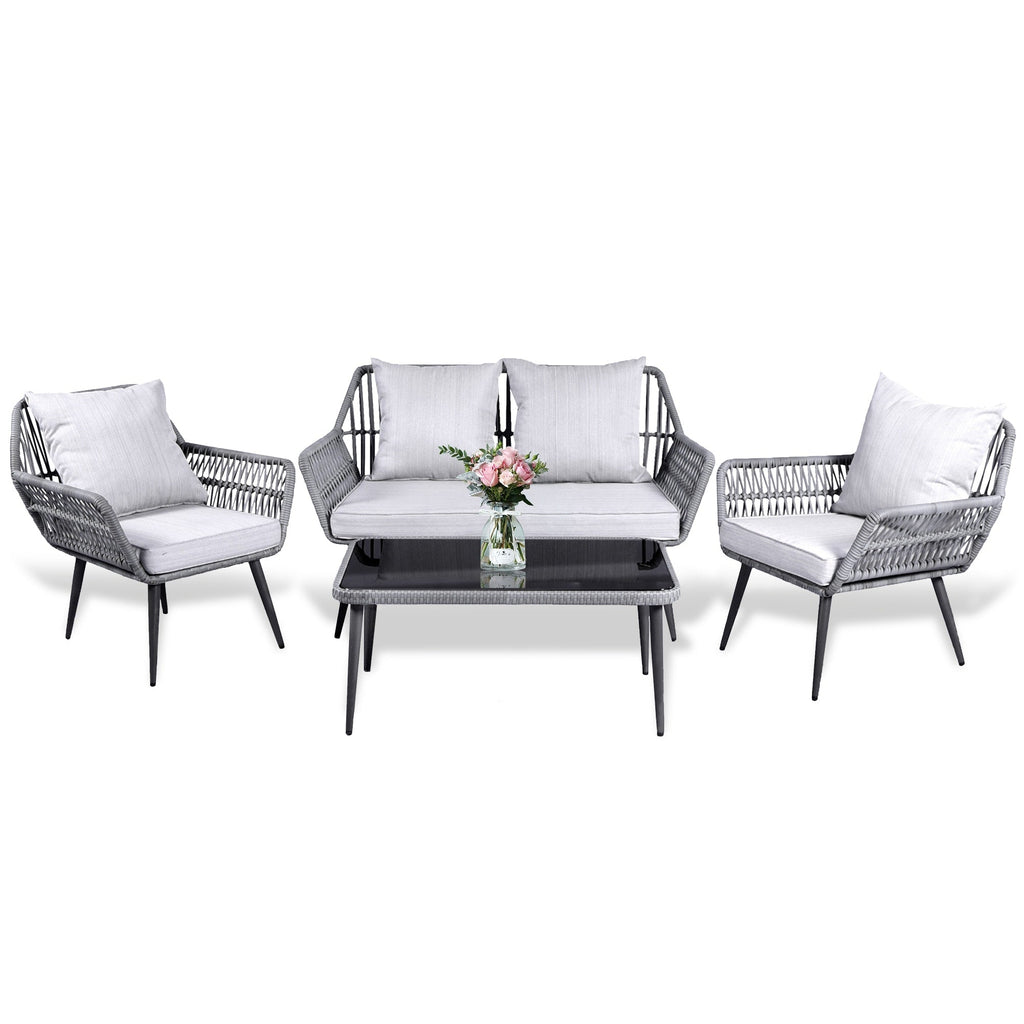 4 Piece Outdoor Patio Furniture Sets, Wicker Conversation Set for Porch Deck, Gray Rattan Sofa Chair with Cushion&Table