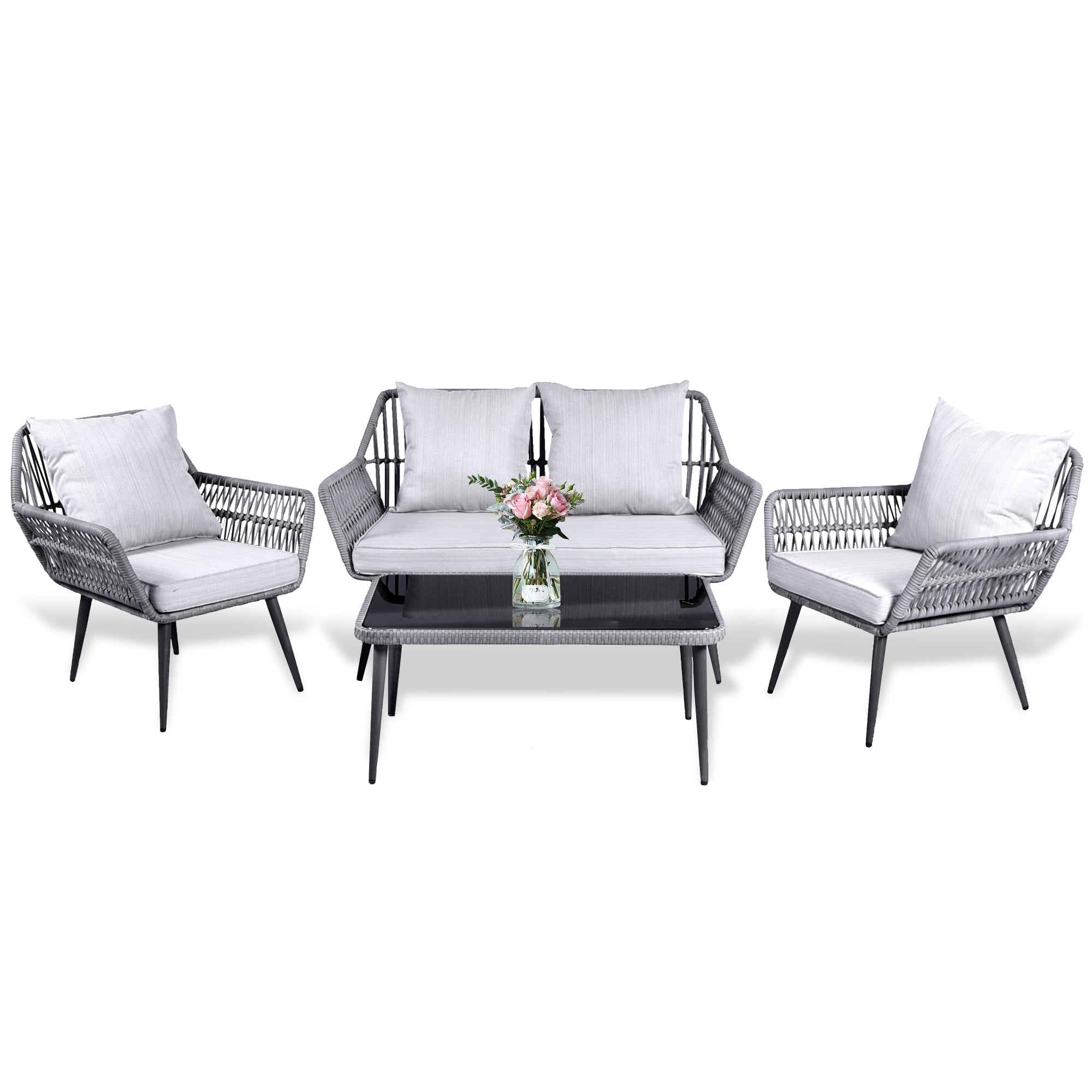 4 Piece Outdoor Patio Furniture Sets, Wicker Conversation Set for Porch Deck, Gray Rattan Sofa Chair with Cushion&Table