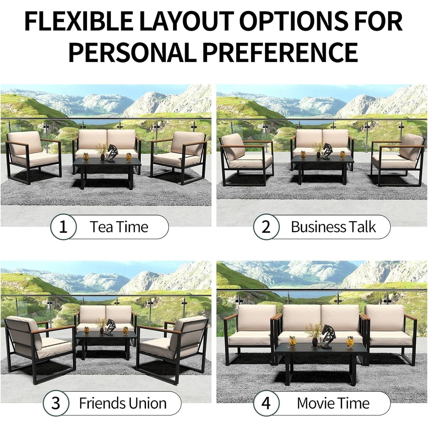 4 Piece Outdoor Patio Furniture, Metal Conversation Set