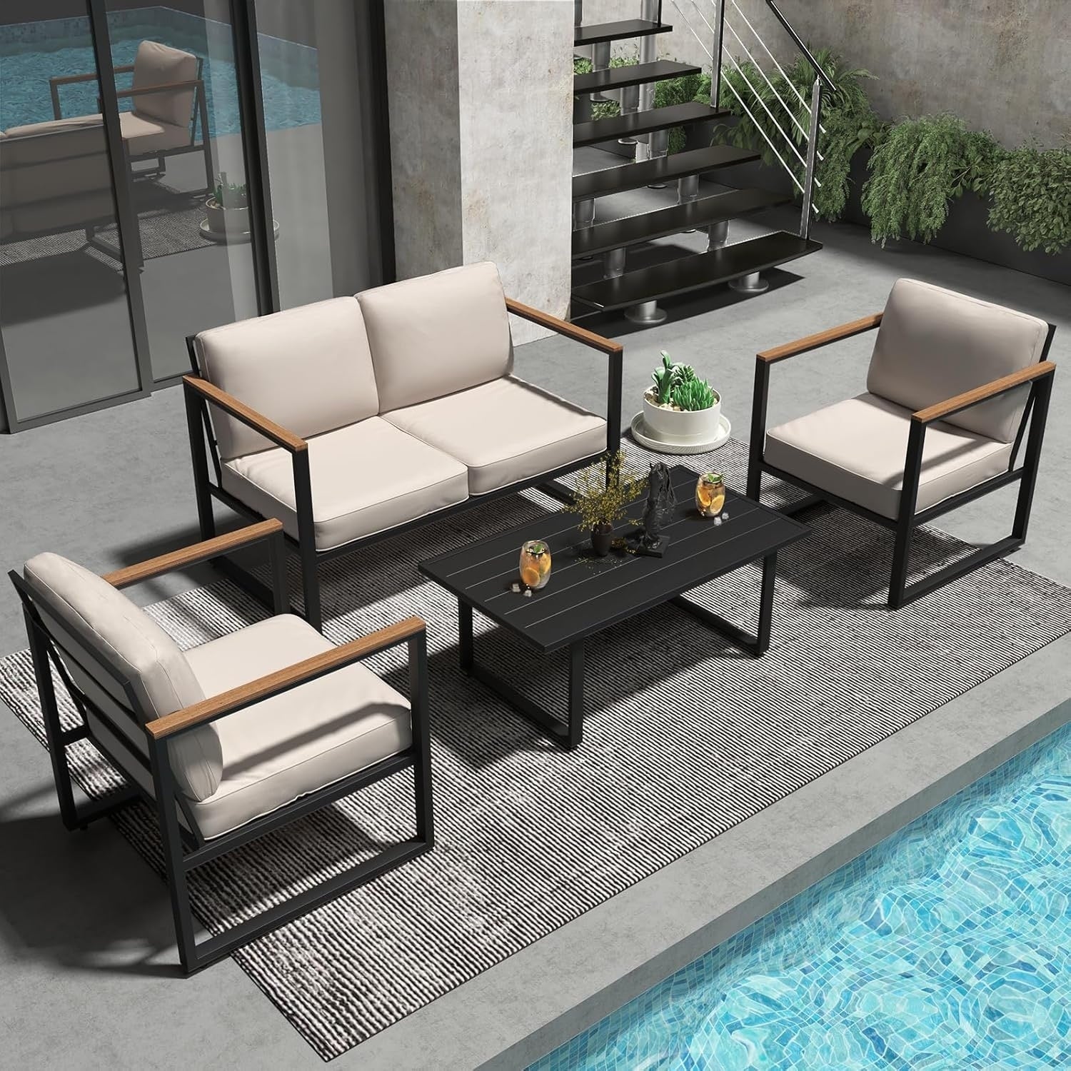 4 Piece Outdoor Patio Furniture, Metal Conversation Set