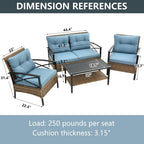 4-Piece Outdoor Patio Rattan Furniture Set, Thick Cushions&Side Table - 1 Table+2 Single chairs+1 Loveseat