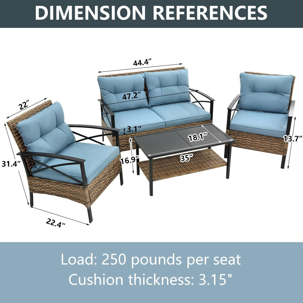 4-Piece Outdoor Patio Rattan Furniture Set, Thick Cushions&Side Table - 1 Table+2 Single chairs+1 Loveseat