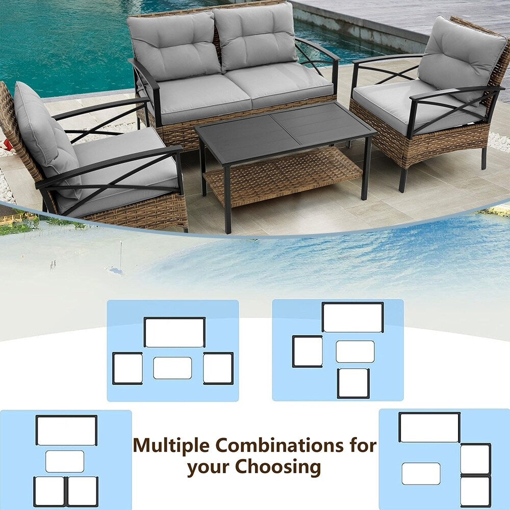 4-Piece Outdoor Patio Rattan Furniture Set, Thick Cushions&Side Table - 1 Table+2 Single chairs+1 Loveseat