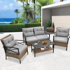 4-Piece Outdoor Patio Rattan Furniture Set, Thick Cushions&Side Table - 1 Table+2 Single chairs+1 Loveseat