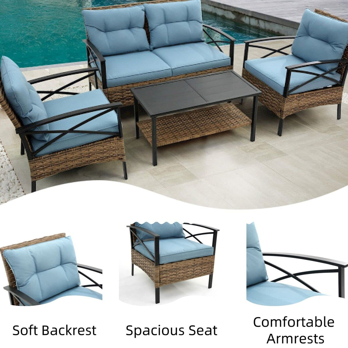4-Piece Outdoor Patio Rattan Furniture Set, Thick Cushions&Side Table - 1 Table+2 Single chairs+1 Loveseat