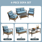 4-Piece Outdoor Patio Rattan Furniture Set, Thick Cushions&Side Table - 1 Table+2 Single chairs+1 Loveseat