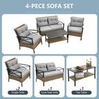 4-Piece Outdoor Patio Rattan Furniture Set, Thick Cushions&Side Table - 1 Table+2 Single chairs+1 Loveseat