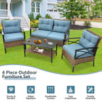 4-Piece Outdoor Patio Rattan Furniture Set, Thick Cushions&Side Table - 1 Table+2 Single chairs+1 Loveseat