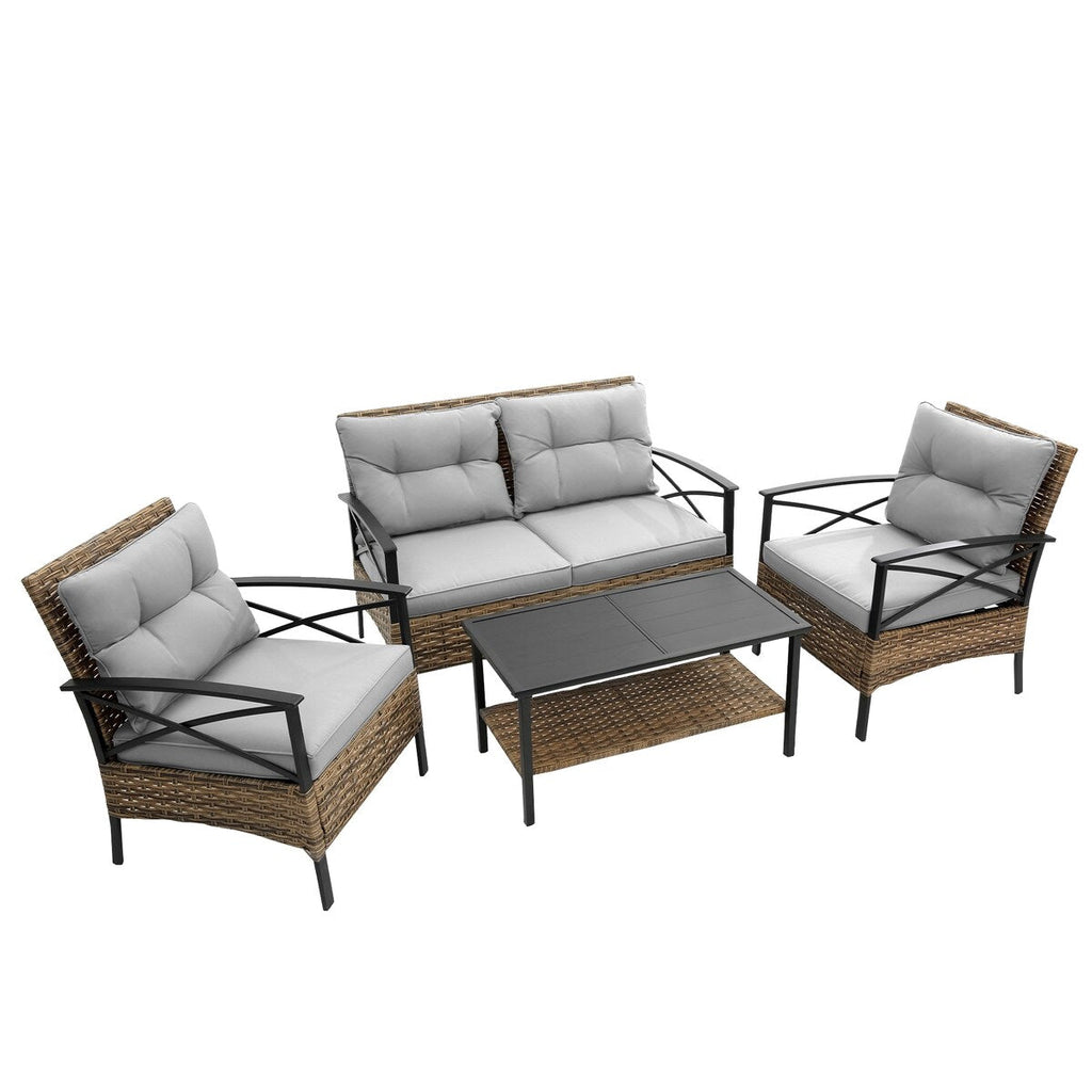 4-Piece Outdoor Patio Rattan Furniture Set, Thick Cushions&Side Table - 1 Table+2 Single chairs+1 Loveseat