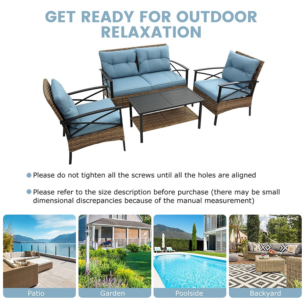 4-Piece Outdoor Patio Rattan Furniture Set, Thick Cushions&Side Table - 1 Table+2 Single chairs+1 Loveseat