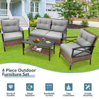 4-Piece Outdoor Patio Rattan Furniture Set, Thick Cushions&Side Table - 1 Table+2 Single chairs+1 Loveseat