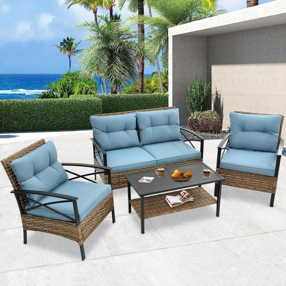 4-Piece Outdoor Patio Rattan Furniture Set, Thick Cushions&Side Table - 1 Table+2 Single chairs+1 Loveseat