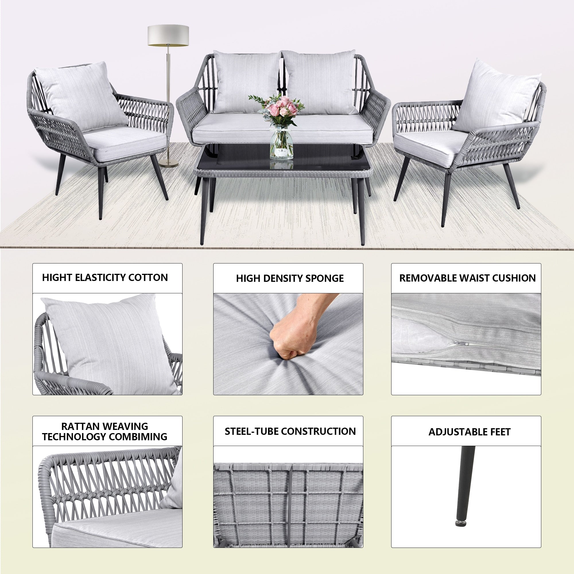 4 Piece Outdoor Patio Furniture Sets, Wicker Conversation Set for Porch Deck, Gray Rattan Sofa Chair with Cushion&Table