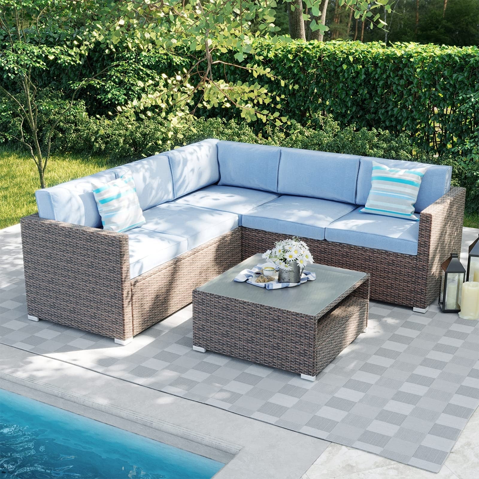 4-Piece Patio Conversation Set Patio Furniture Set With Thick Cushions,Outdoor Sectional Sofa Outdoor Wicker Sofa W Coffee Table