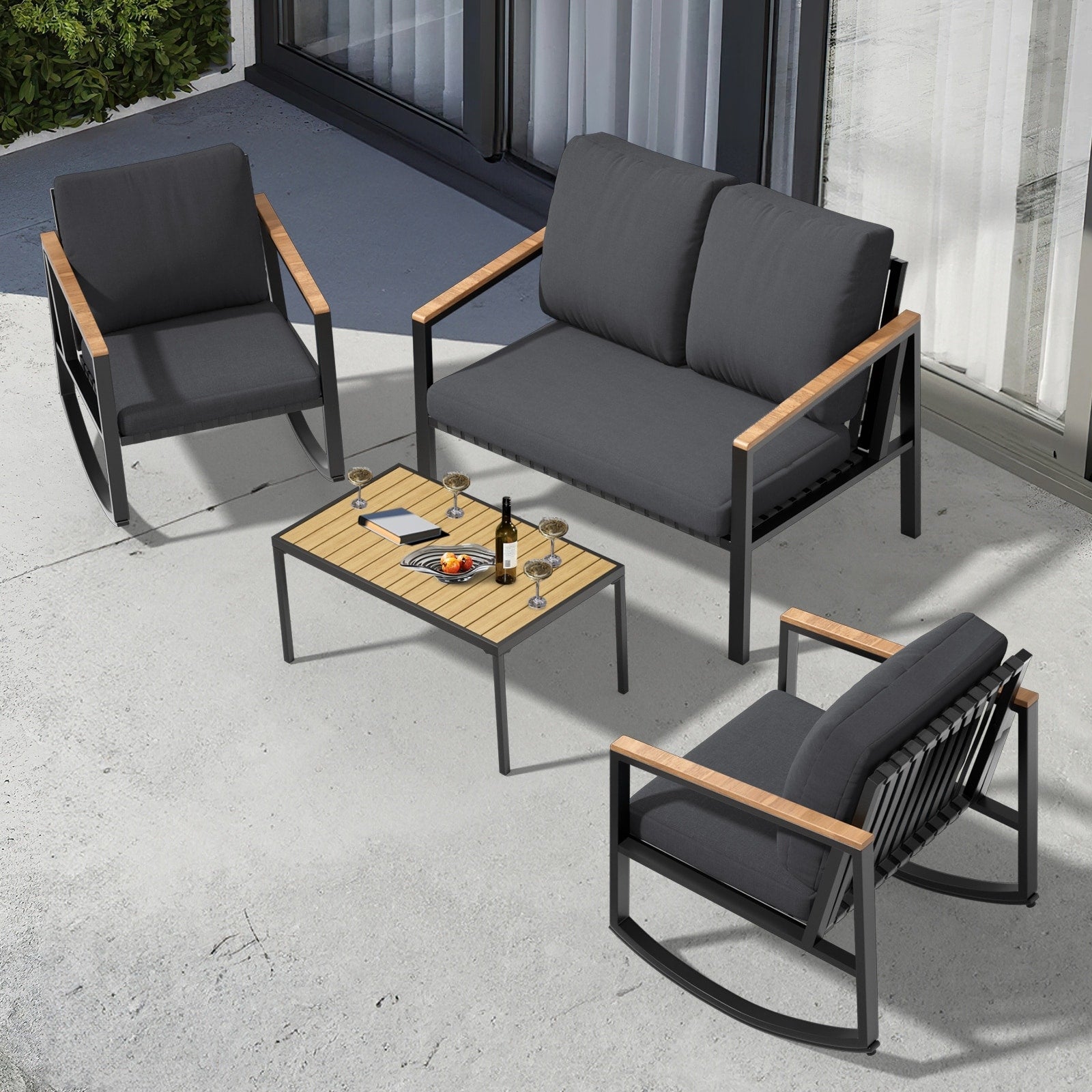 4-Piece Patio Conversation Set with Cushions Rocking Chairs