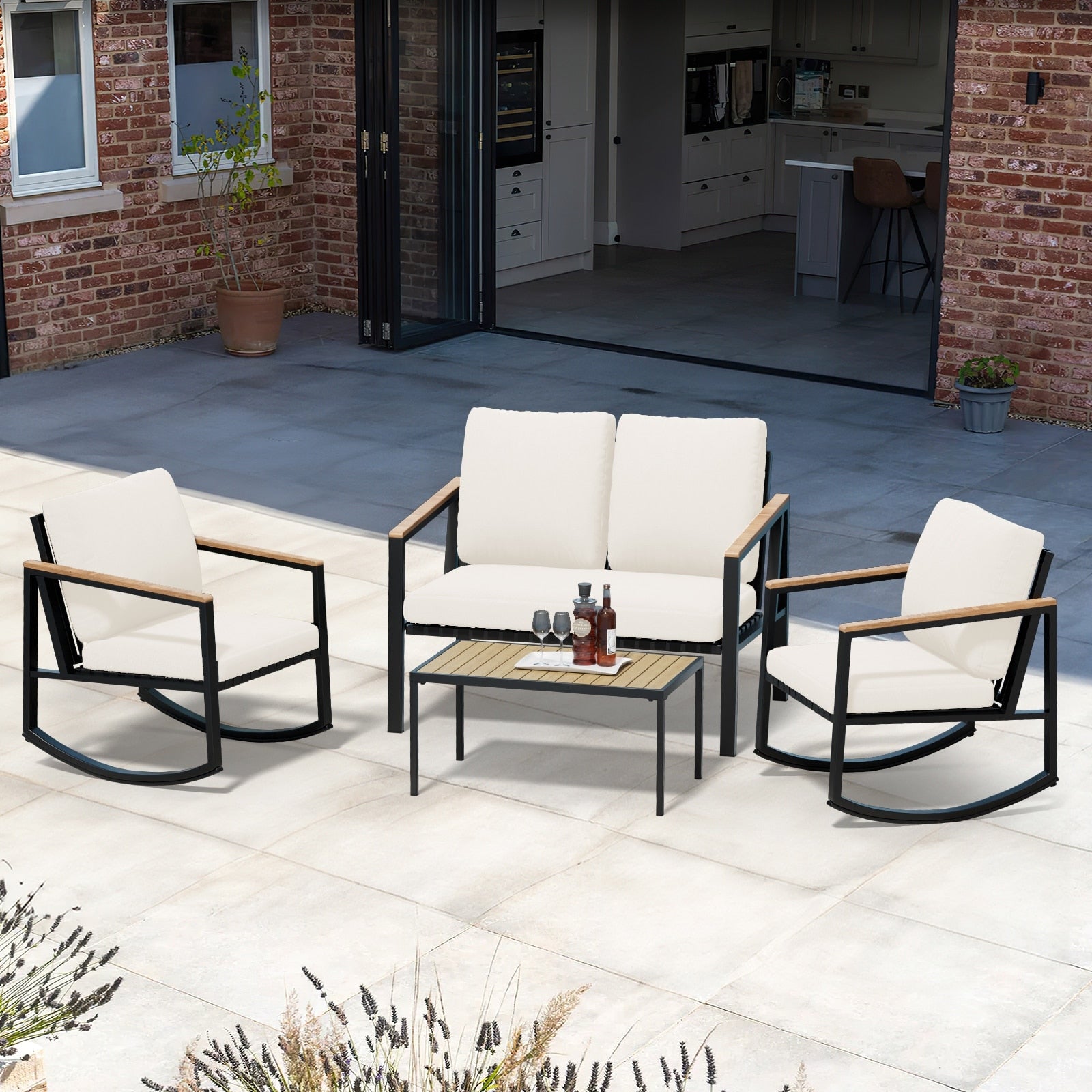 4-Piece Patio Conversation Set with Cushions Rocking Chairs