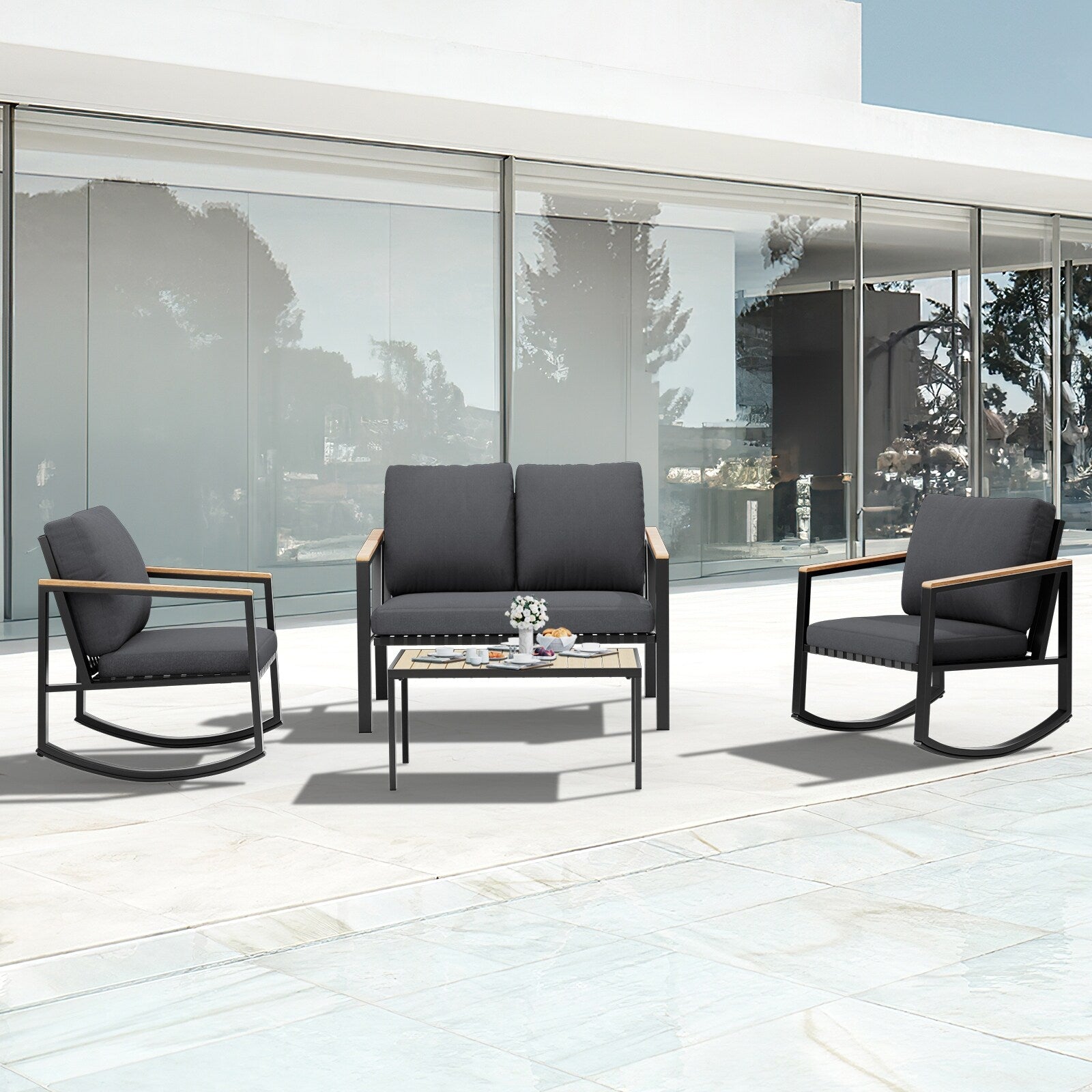 4-Piece Patio Conversation Set with Cushions Rocking Chairs