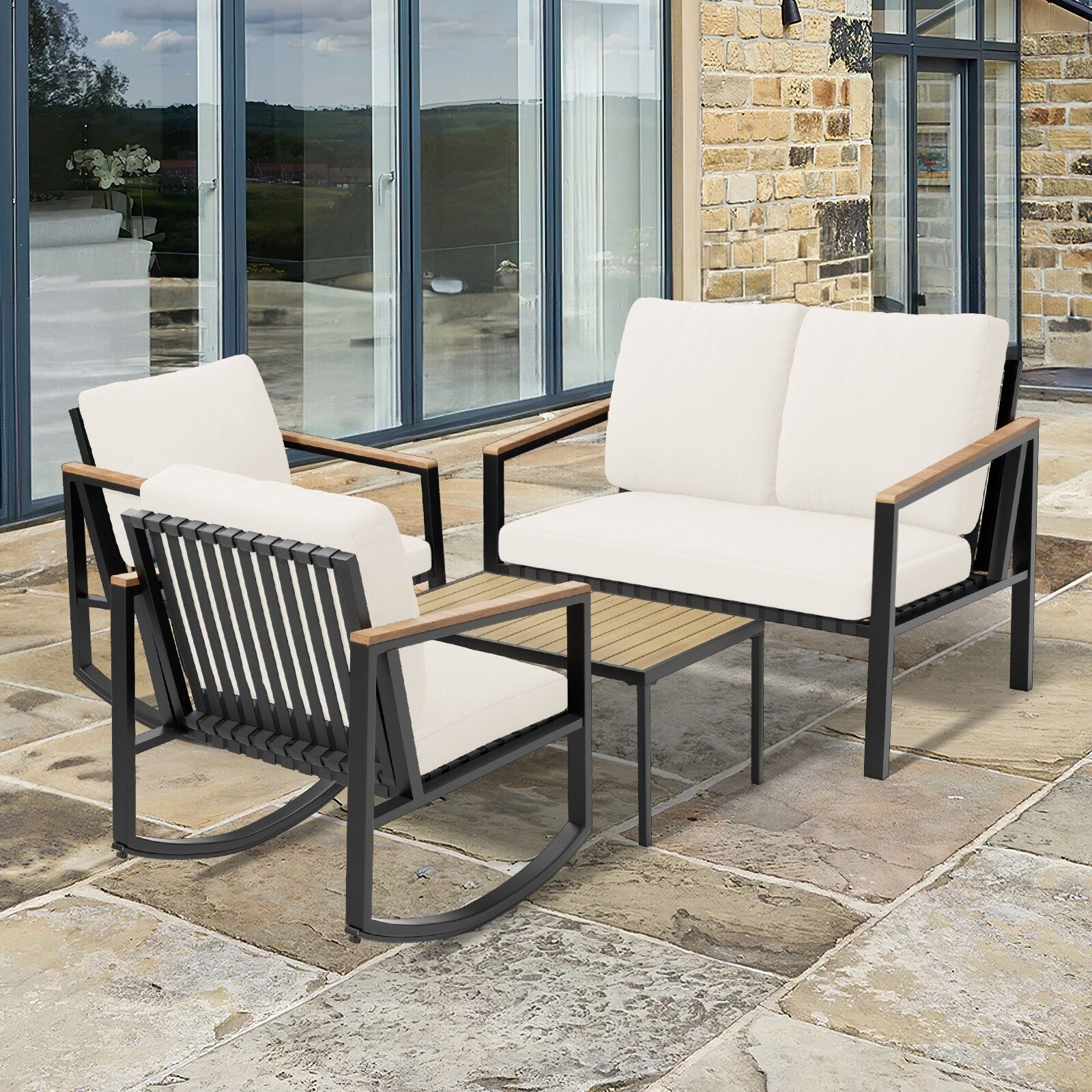 4-Piece Patio Conversation Set with Cushions Rocking Chairs