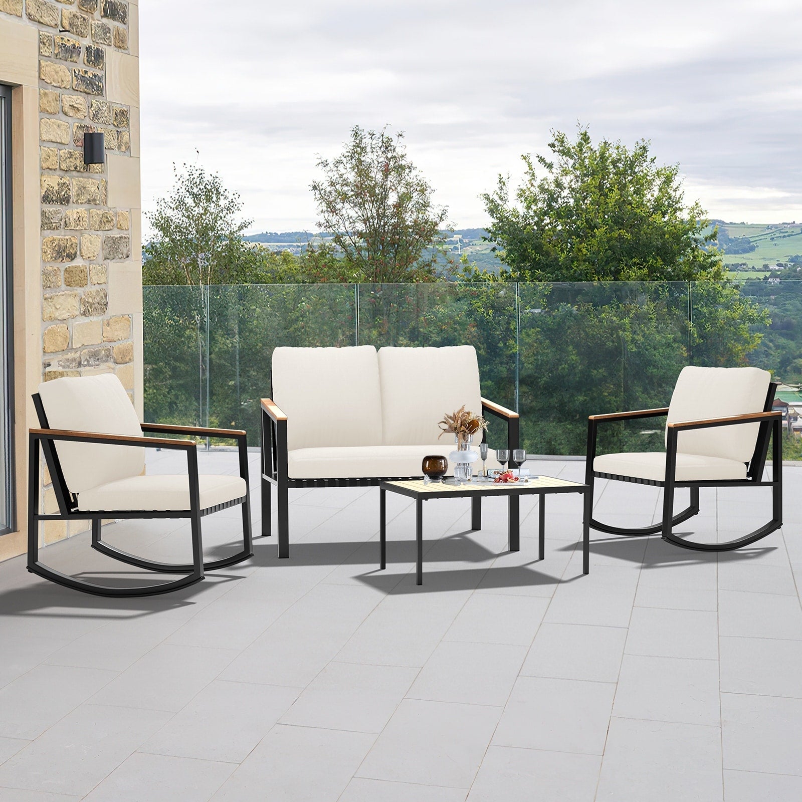 4-Piece Patio Conversation Set with Cushions Rocking Chairs