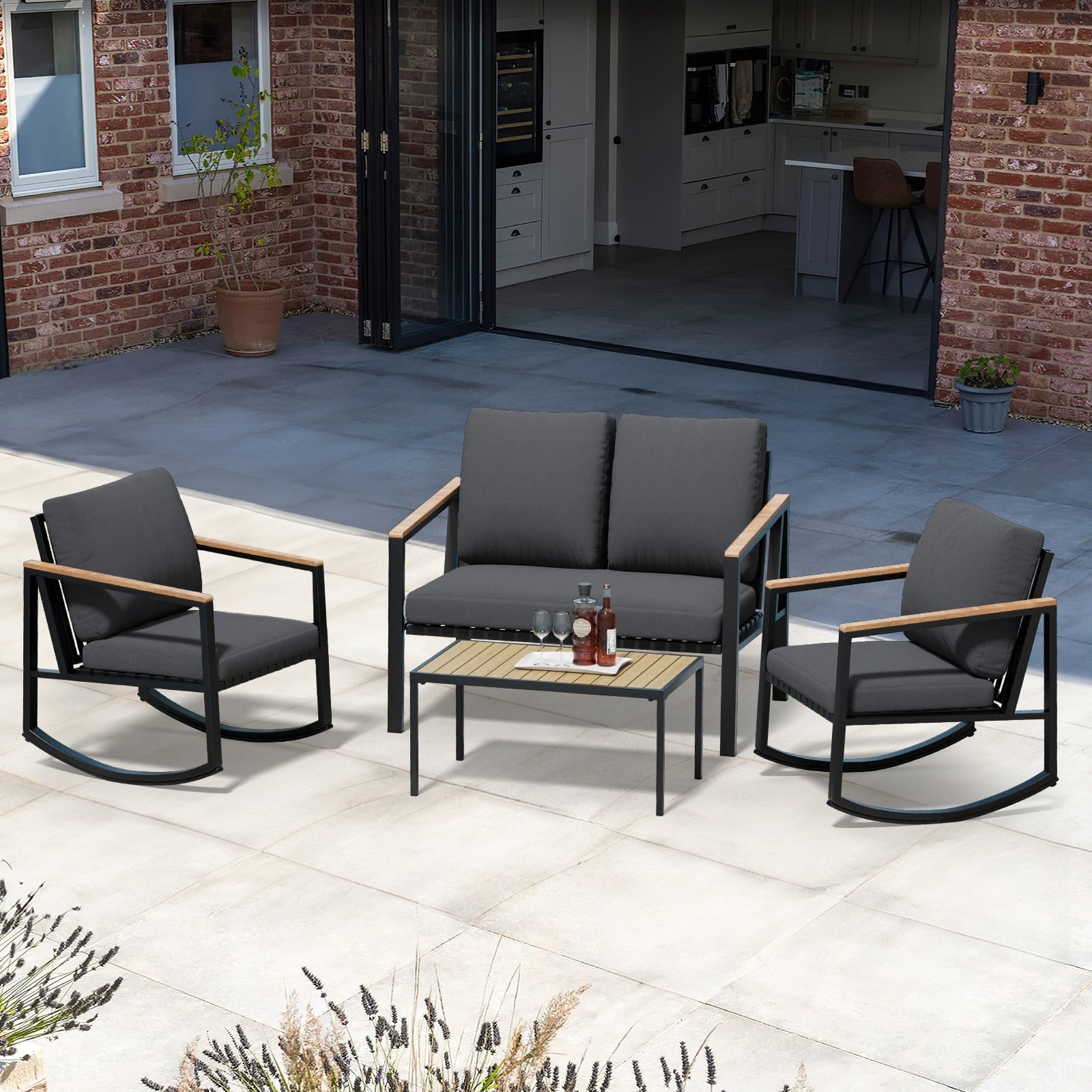 4-Piece Patio Conversation Set with Cushions Rocking Chairs