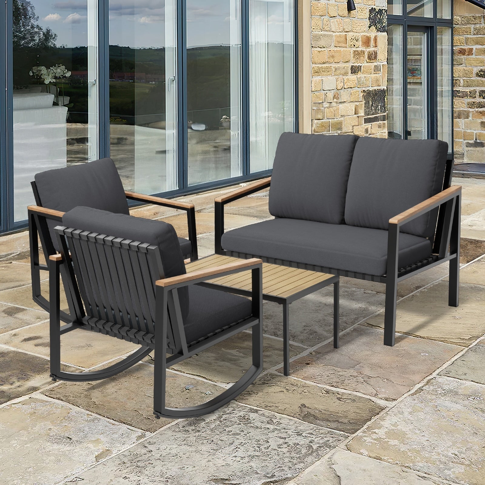 4-Piece Patio Conversation Set with Cushions Rocking Chairs