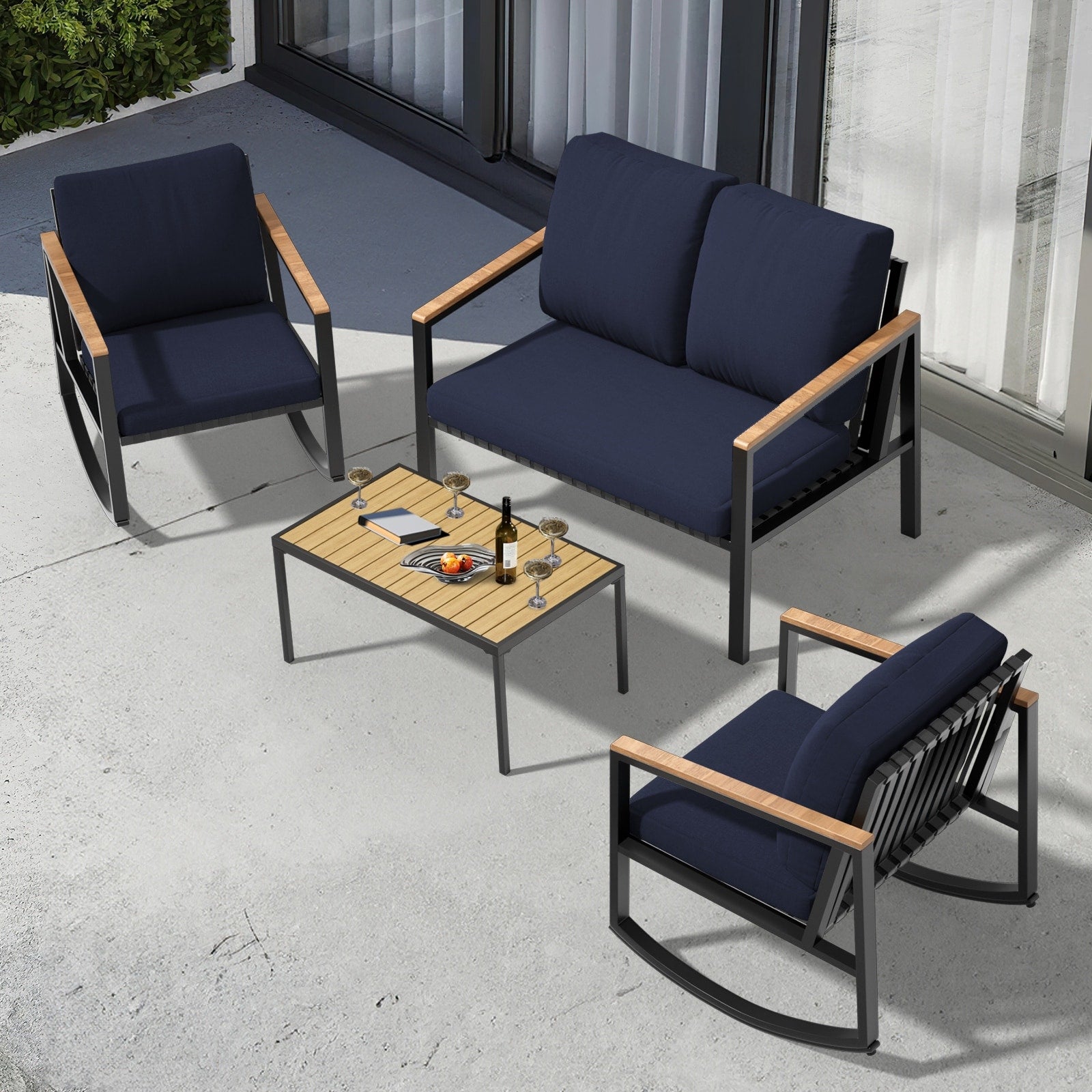 4-Piece Patio Conversation Set with Cushions Rocking Chairs