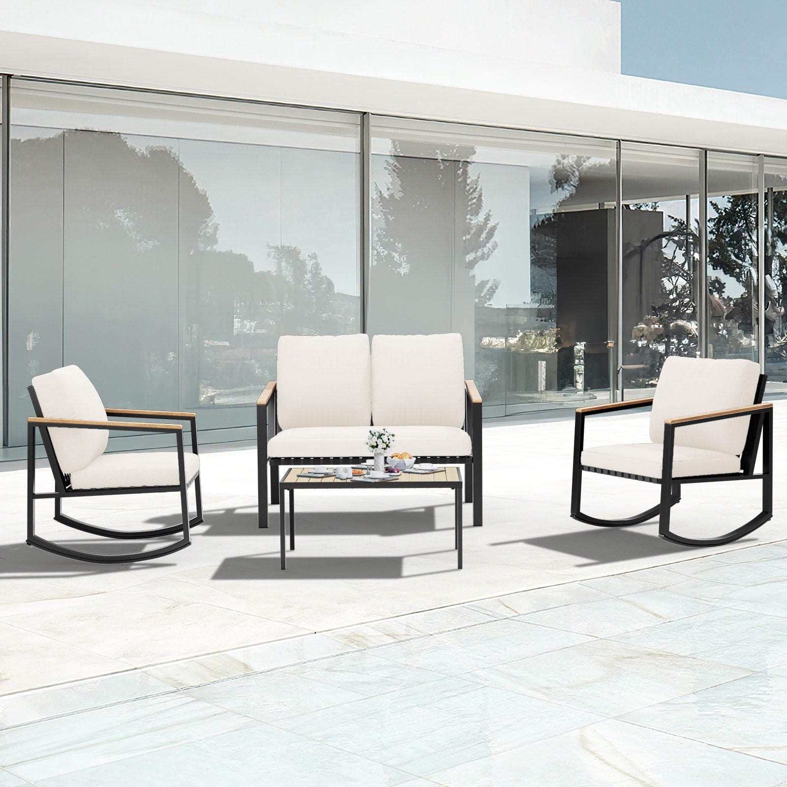 4-Piece Patio Conversation Set with Cushions Rocking Chairs