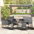 4 Piece Patio Conversation Wicker Furniture Set, Outdoor Rattan Sectional Furniture Set With Cushions for Yard Garden
