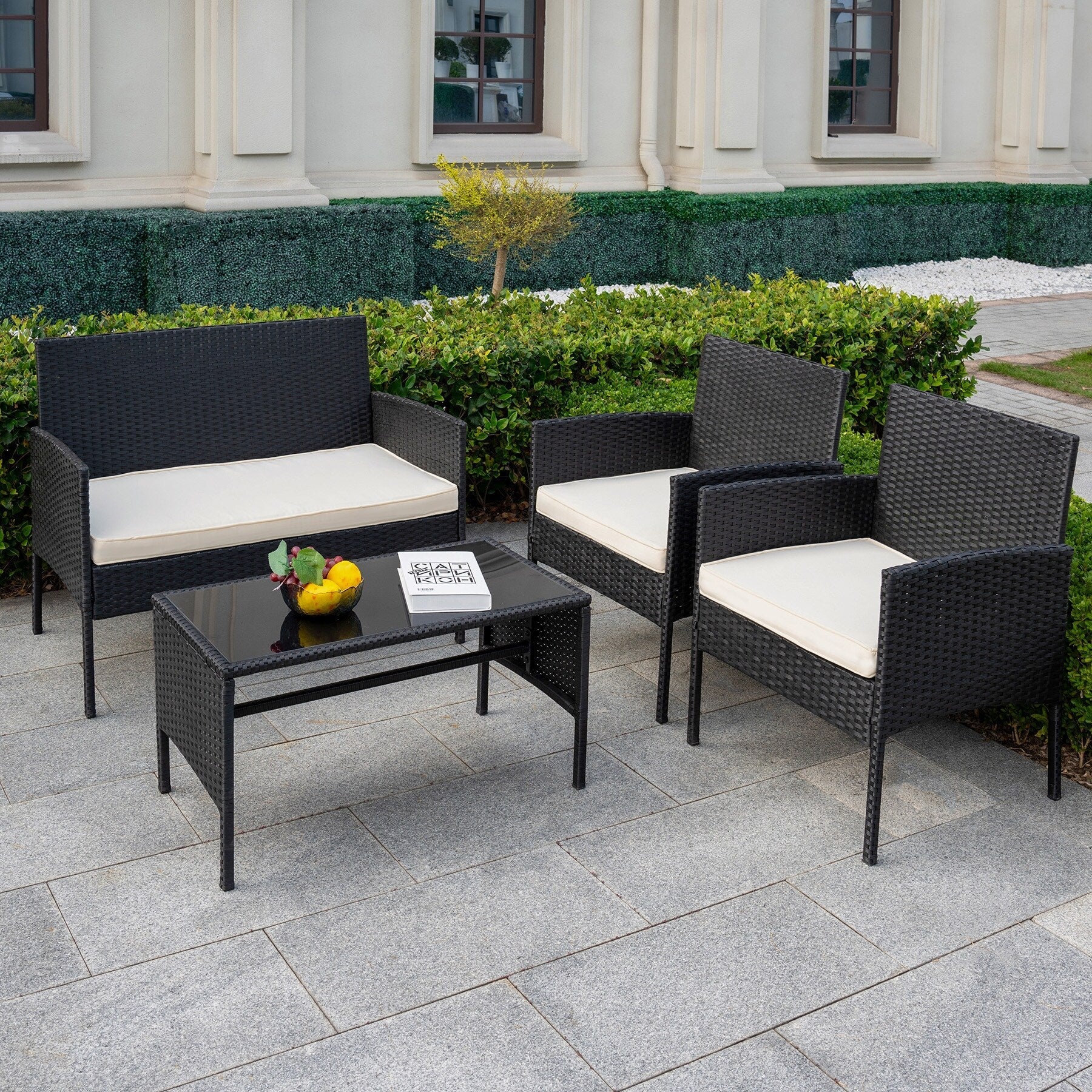 4 Piece Patio Conversation Wicker Furniture Set, Outdoor Rattan Sectional Furniture Set With Cushions for Yard Garden