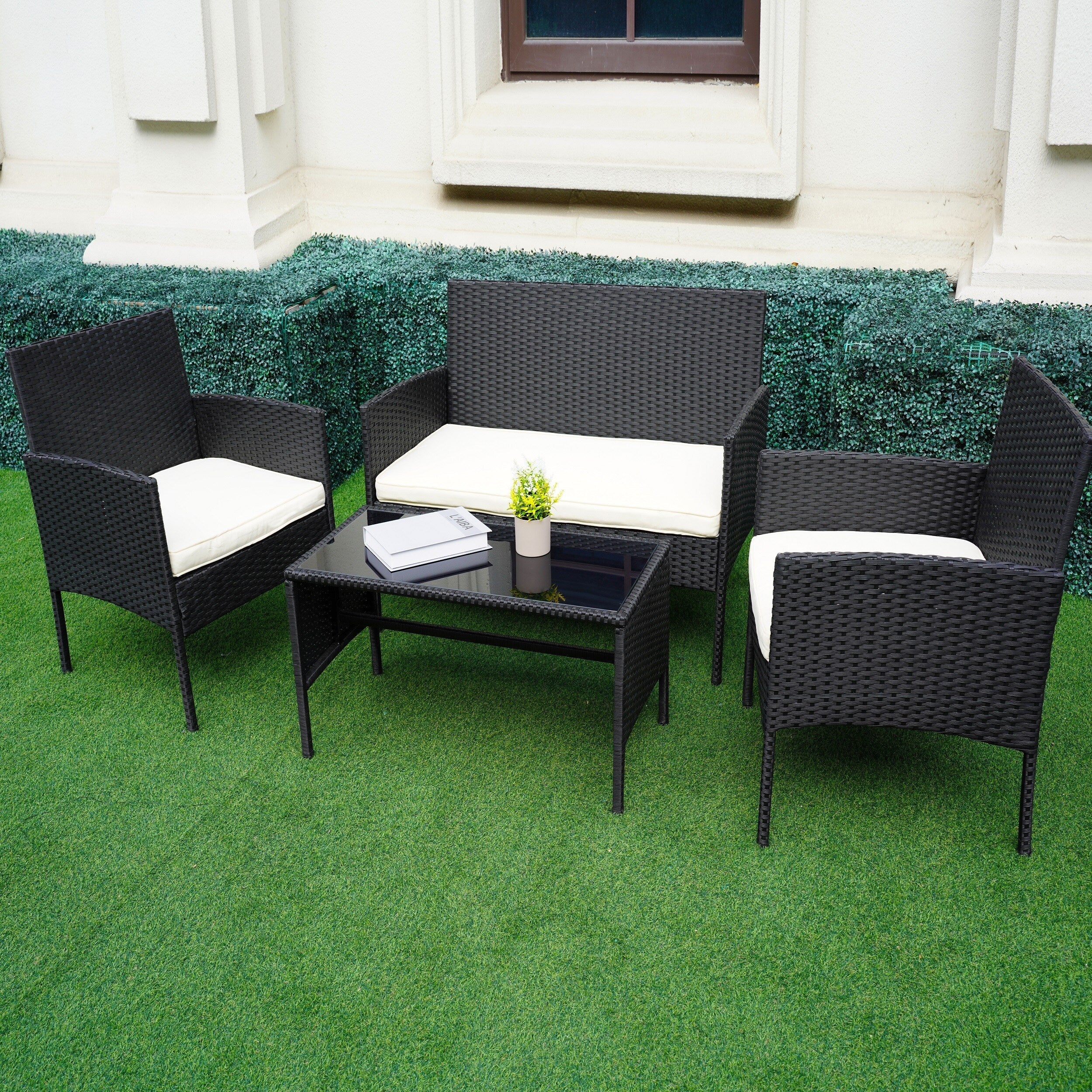 4 Piece Patio Conversation Wicker Furniture Set, Outdoor Rattan Sectional Furniture Set With Cushions for Yard Garden