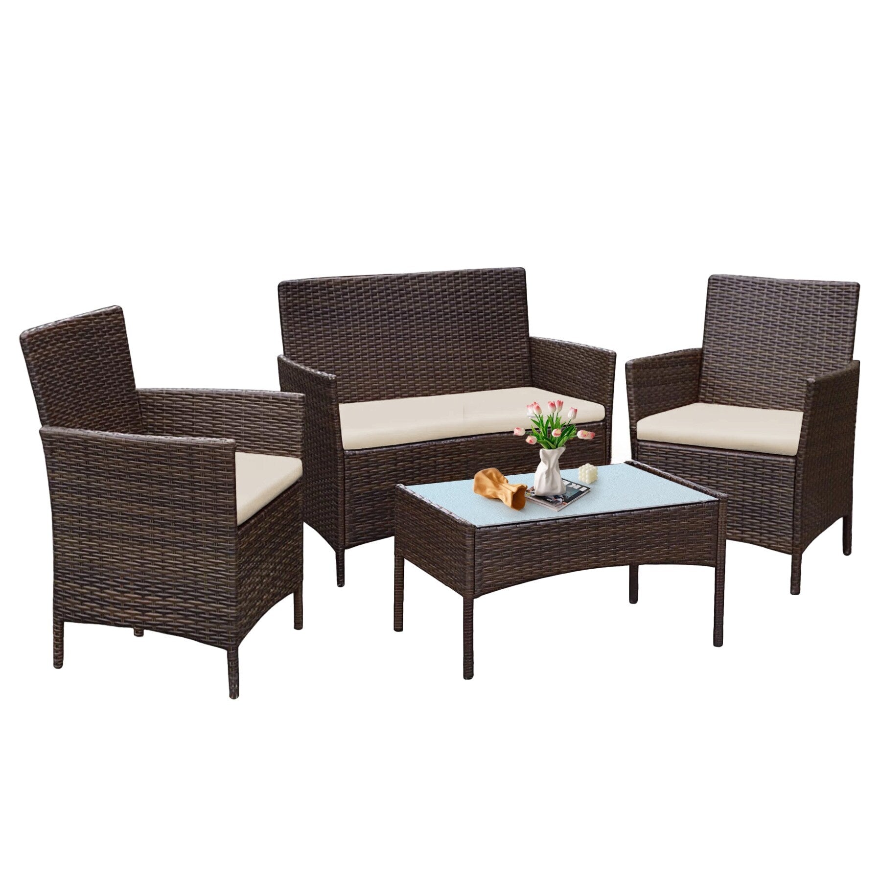 4 Piece Outdoor Patio Furniture Set With Cushions, Patio Wicker Conversation Set & Glass Coffee Table