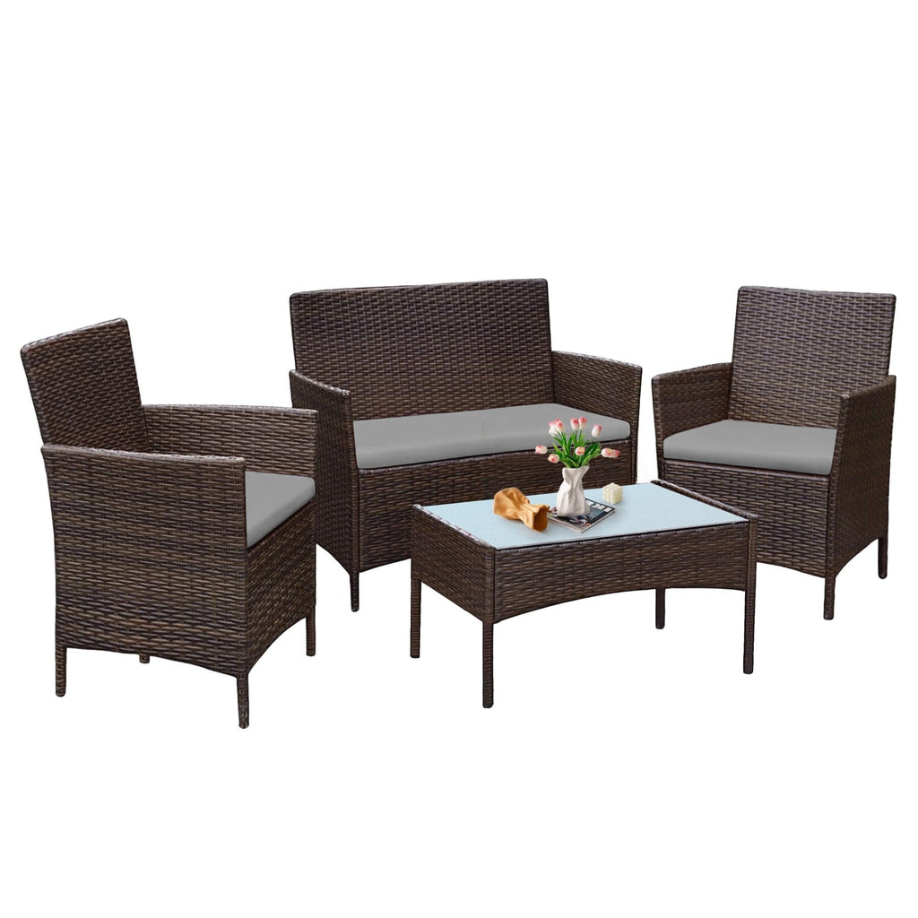 4 Piece Outdoor Patio Furniture Set With Cushions, Patio Wicker Conversation Set & Glass Coffee Table