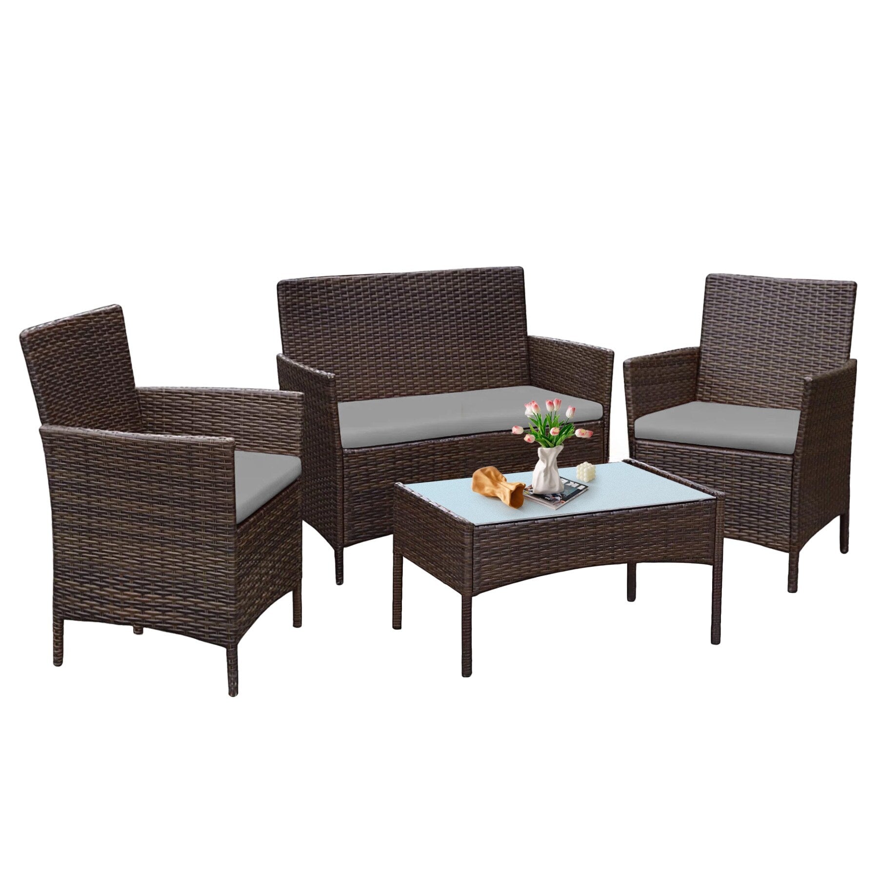 4 Piece Outdoor Patio Furniture Set With Cushions, Patio Wicker Conversation Set & Glass Coffee Table
