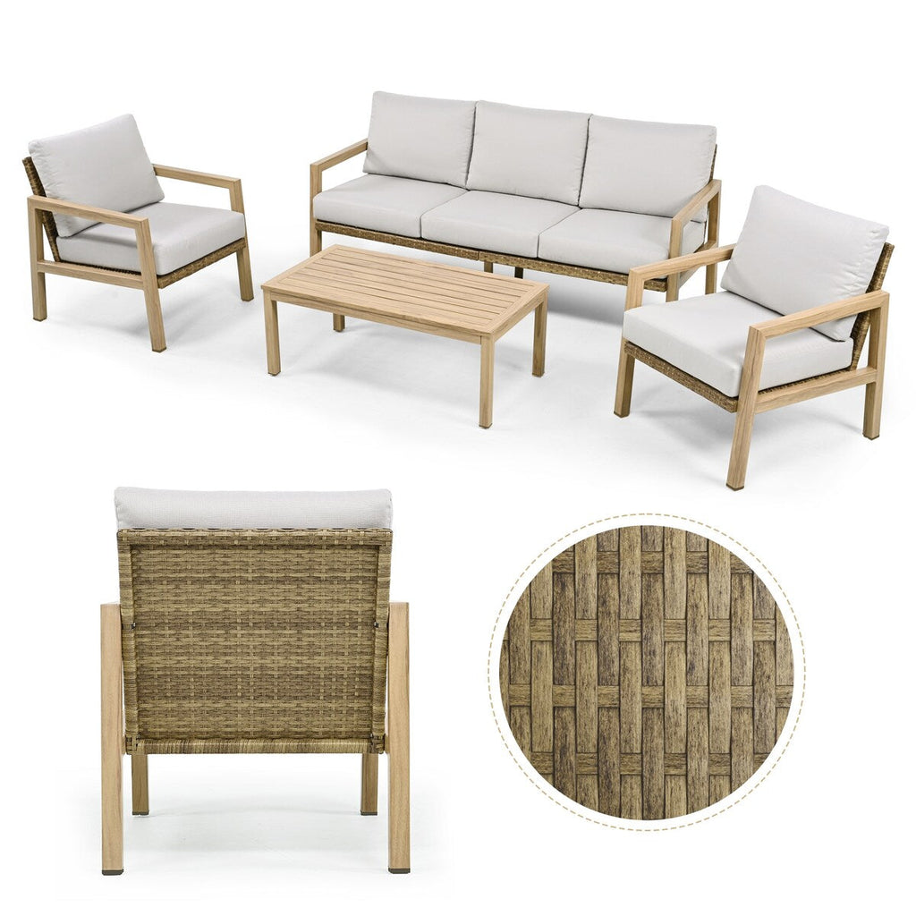 4-Piece Wood-grain Aluminum Patio Conversation Set with Rattan Chair Back and Cushions