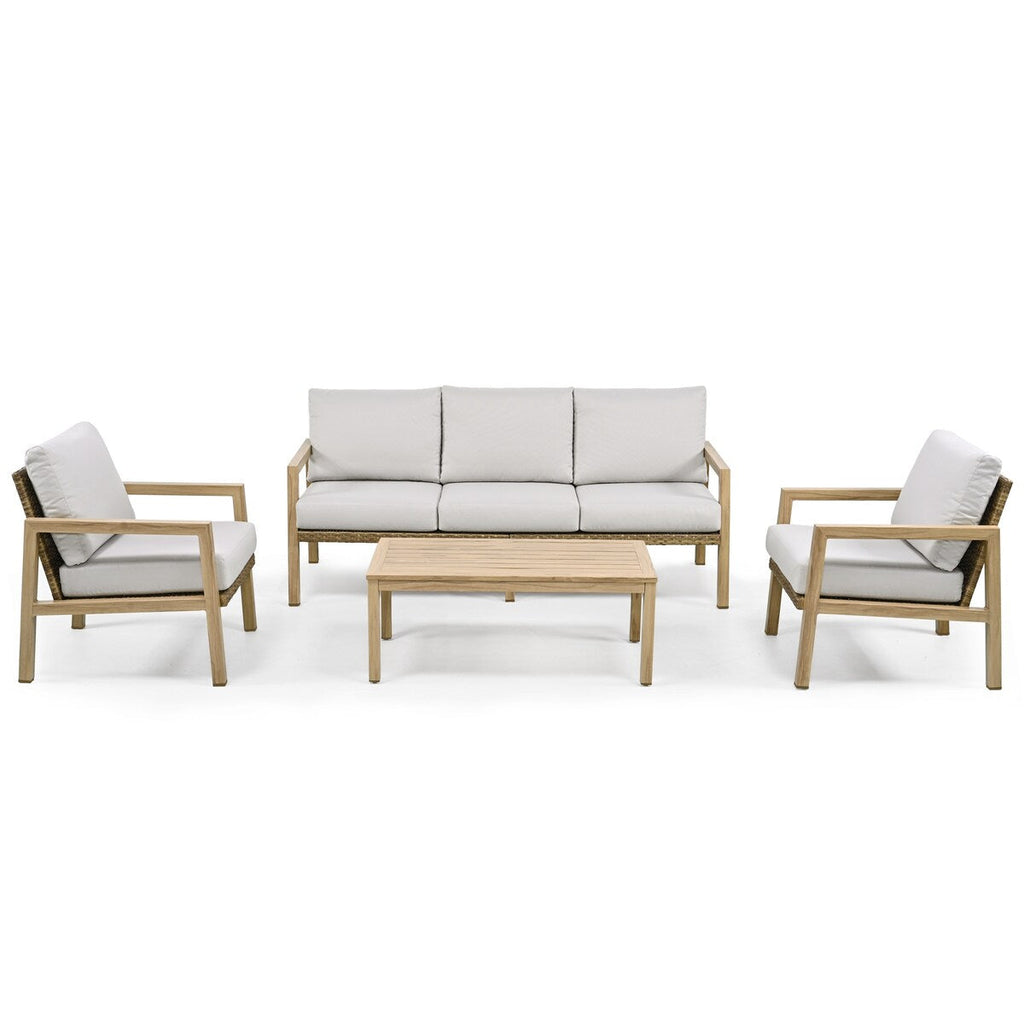 4-Piece Wood-grain Aluminum Patio Conversation Set with Rattan Chair Back and Cushions