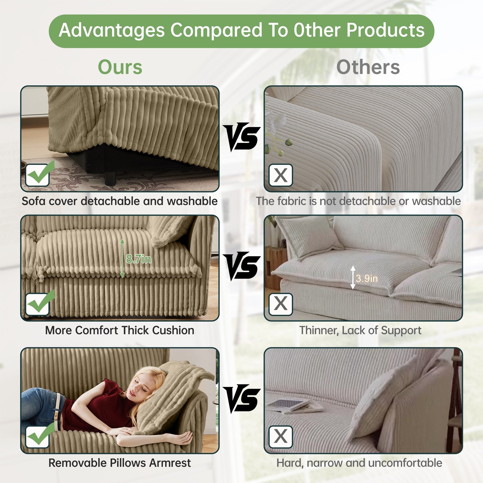 4-Seater Corduroy Slipcovered Sofa with Extra Deep for Living Room