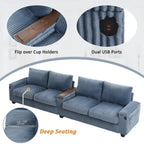 4-Seater Modern Corduroy Sofa Couch with USB Ports, Hidden Storage, and Flip-Top Cup Holders